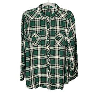 Torrid Challis Button Down Long Sleeve Shirt‎ Womens Plus Size 2 Green Plaid
